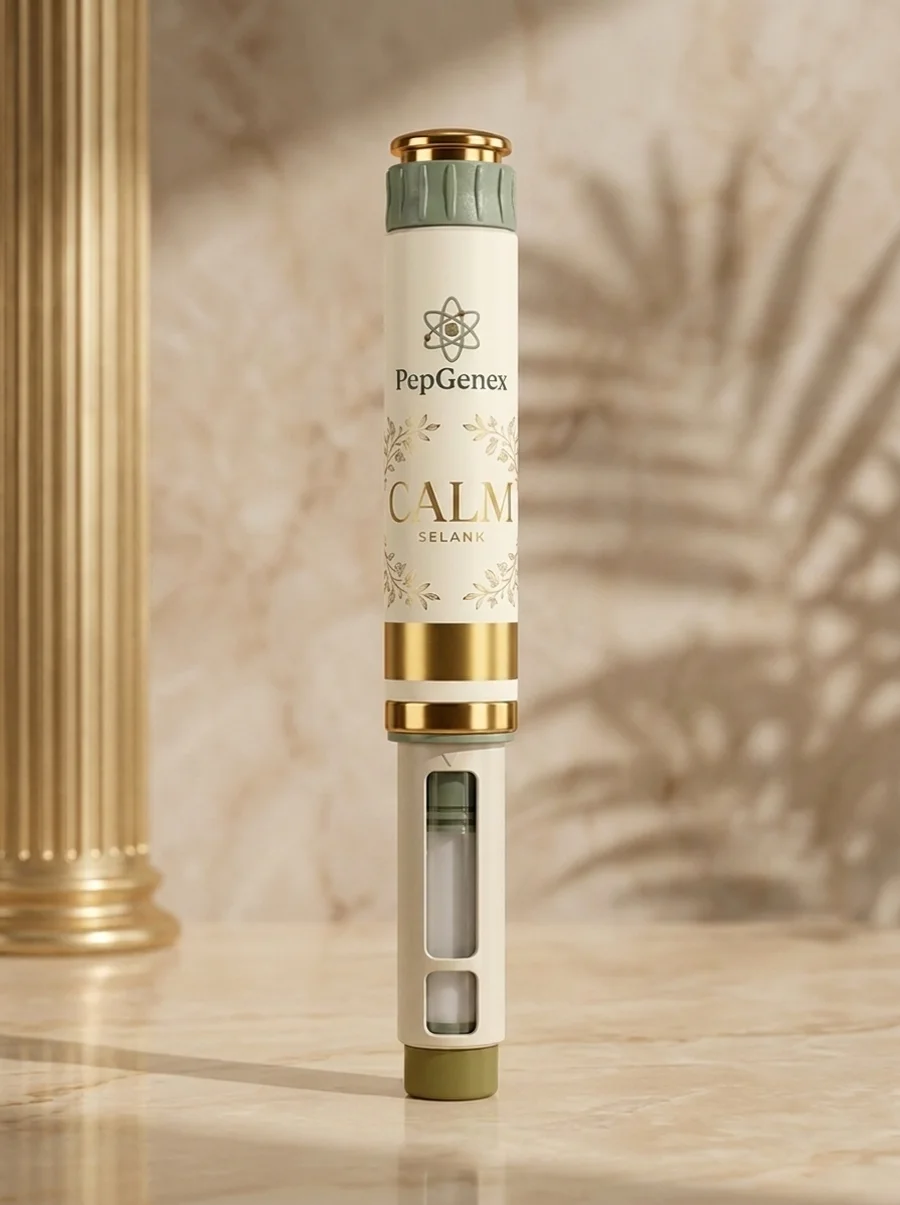 Selank prefilled pen, illustrative render. Research use only.